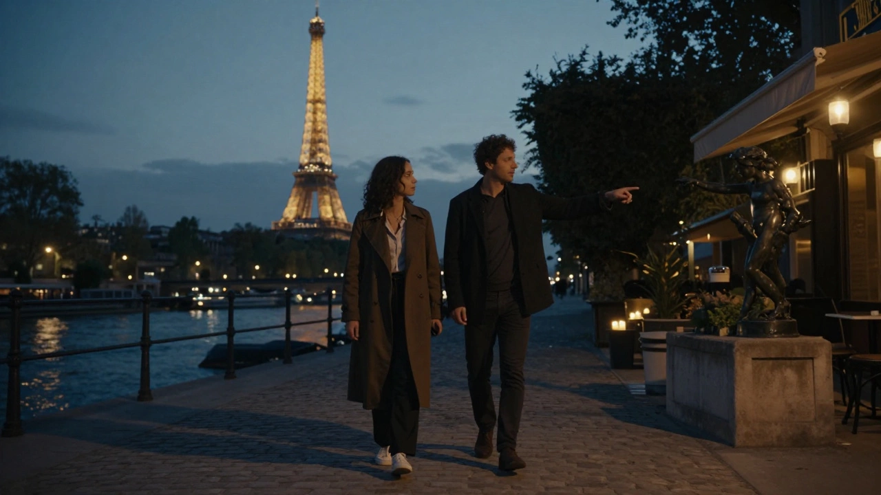 A man and woman walking silently along the Seine at dusk, the Eiffel Tower glowing in the distance.