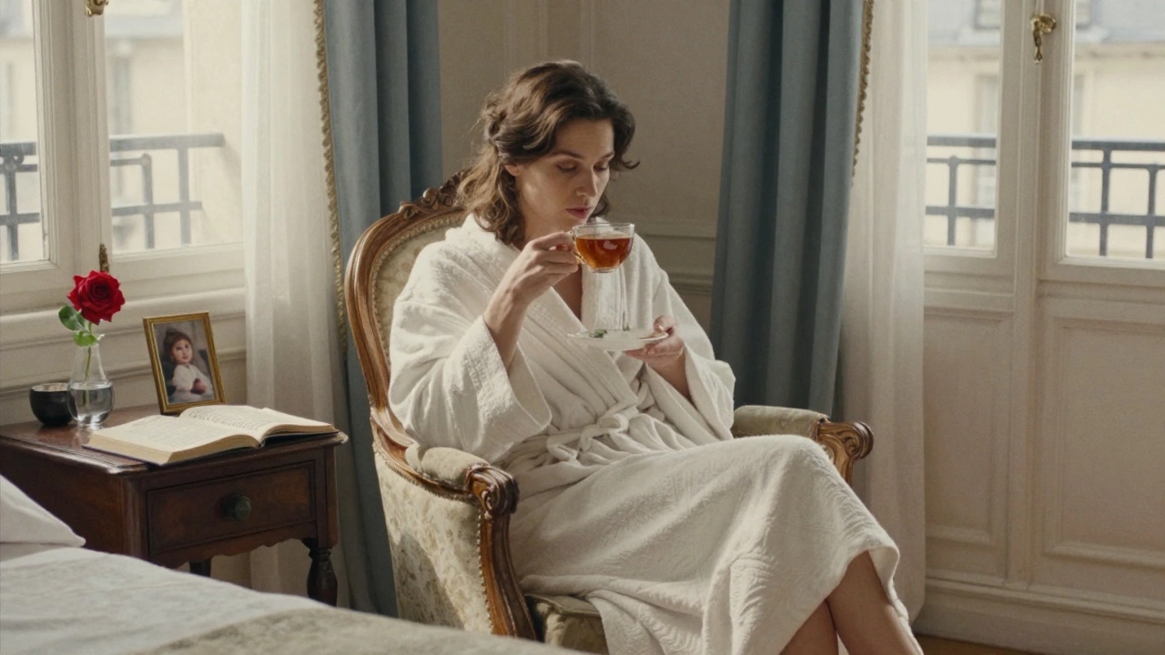 A woman sipping tea in morning light, a book of Baudelaire and a child&#039;s photo on the nightstand.