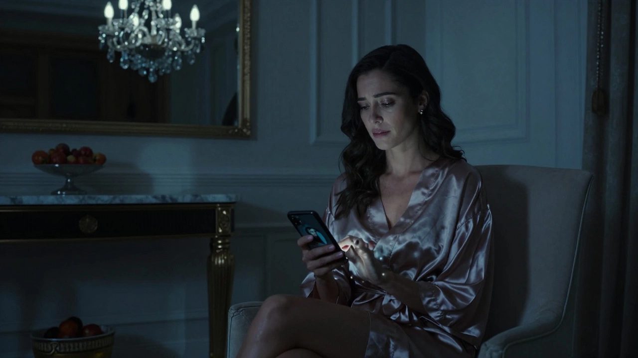 Anora sitting alone in a luxury hotel room, staring at her phone with old photos.